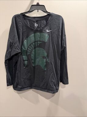 Nike Michigan State Men’s Long Sleeve Tee in Charcoal with Green Spartan Logo